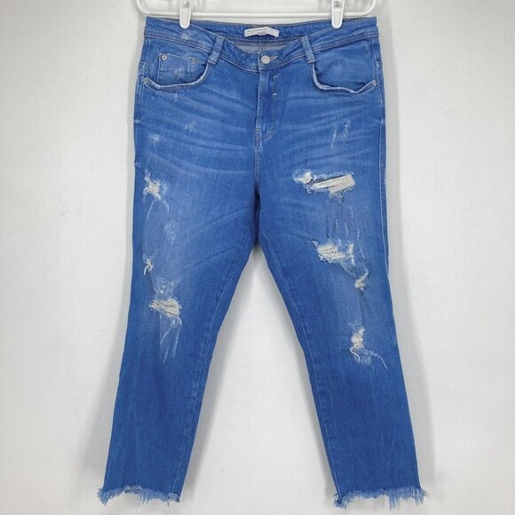 Zara Trafaluc Women's Denim Crop Jeans Size 8 Distressed High Rise Stretch Blue - Picture 1 of 9